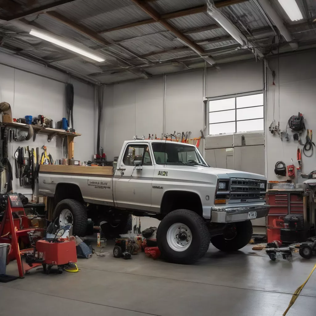 Xe tải đang được sửa chữa tại gara