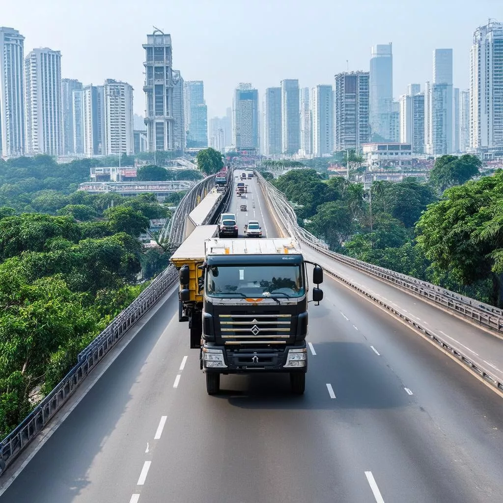 Xe tải di chuyển qua cầu Chương Dương