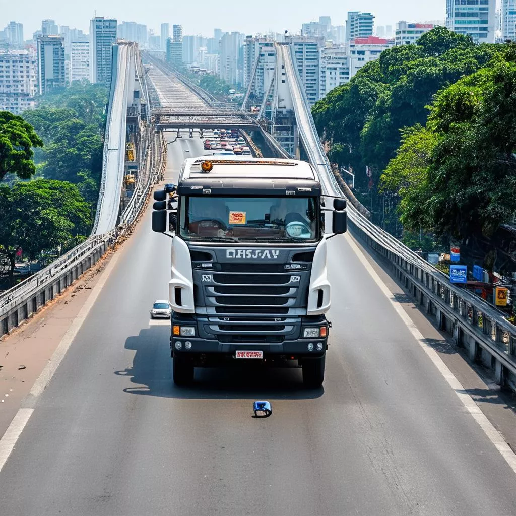 Xe tải đi qua cầu Chương Dương