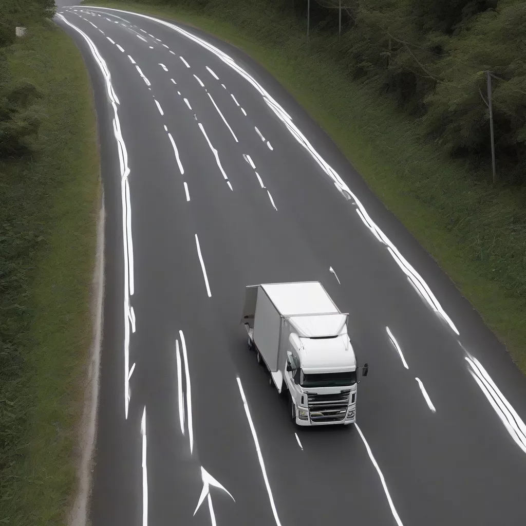 Camião a circular numa estrada com linha contínua e descontínua