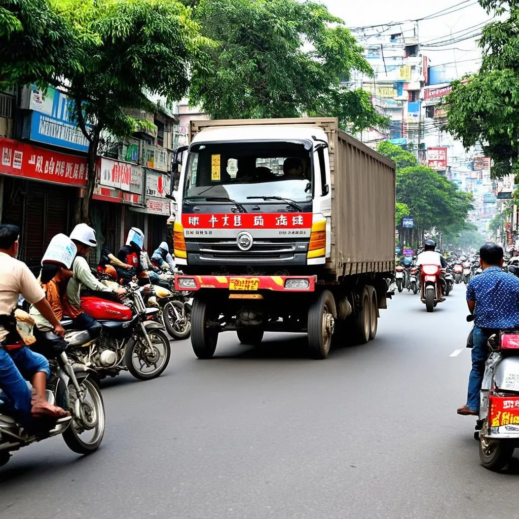 Xe tải đi trên đường phố Hà Nội