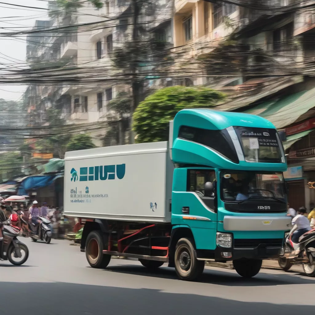 Electric truck driving on Hanoi street