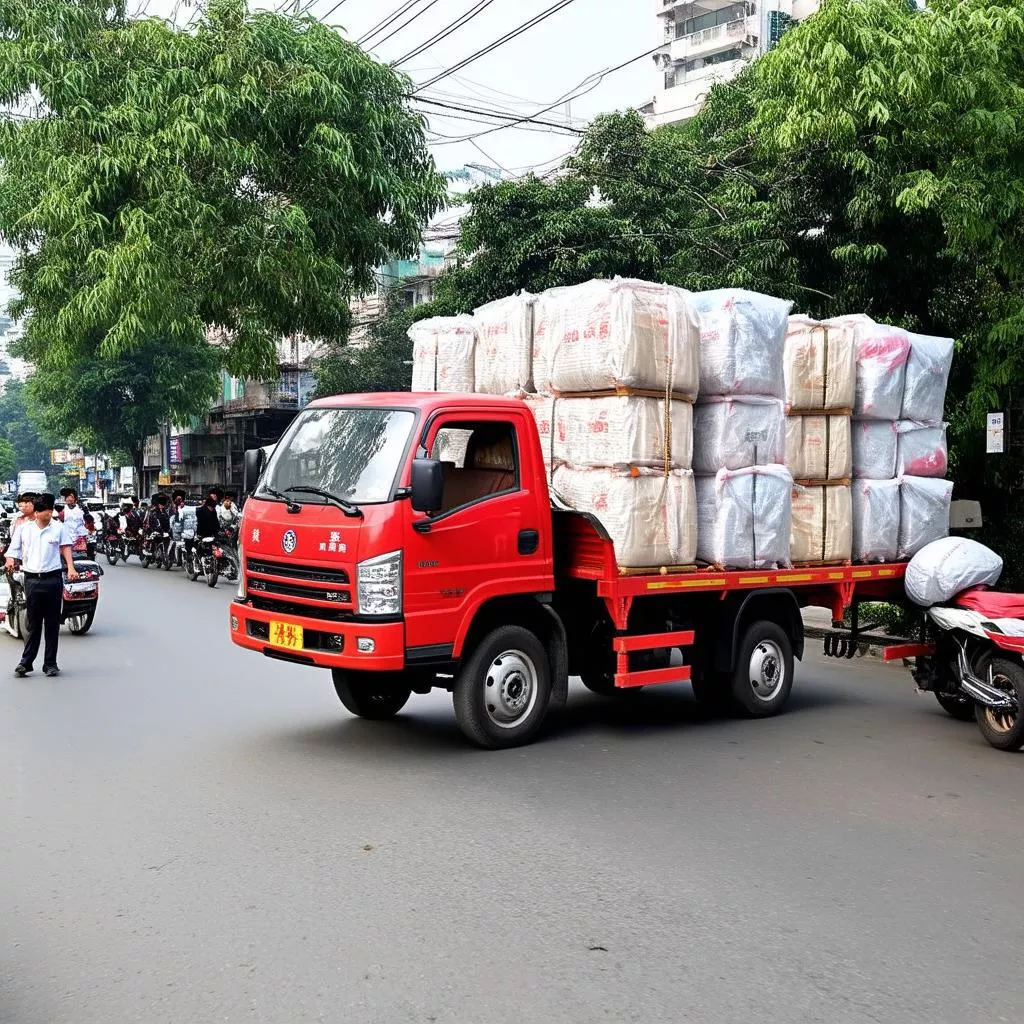 Dongfeng truck transporting goods on the streets of Hanoi.