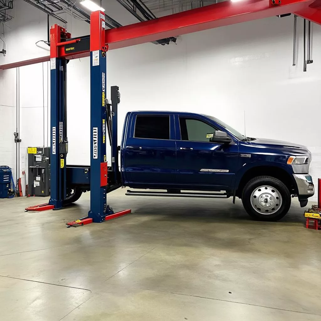 Xe tải được lắp đặt kích nâng tại gara