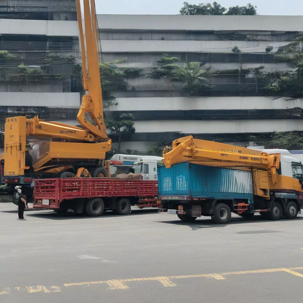 Crane truck and box truck parked at Hanoi truck parking lot