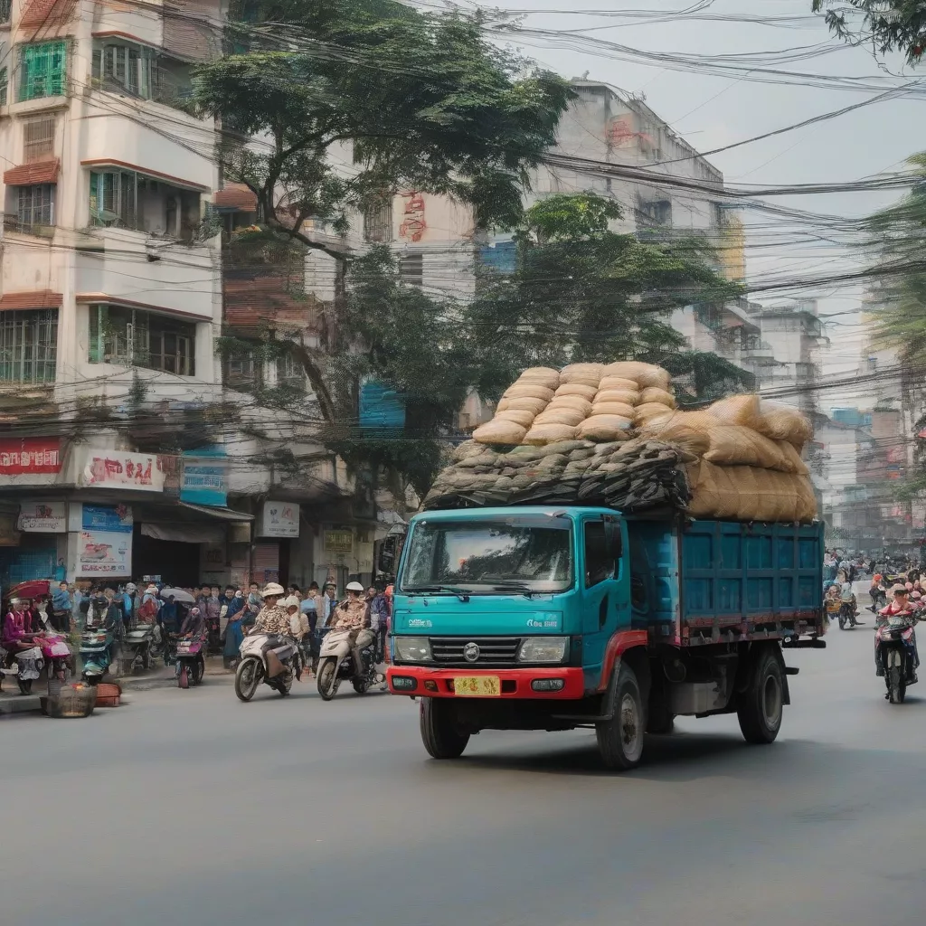 Trucks driving on the streets of Hanoi