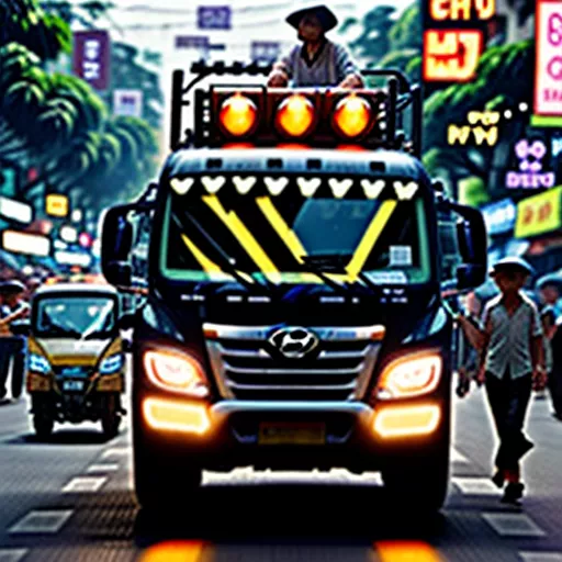 Xe tải Hyundai di chuyển trên đường phố