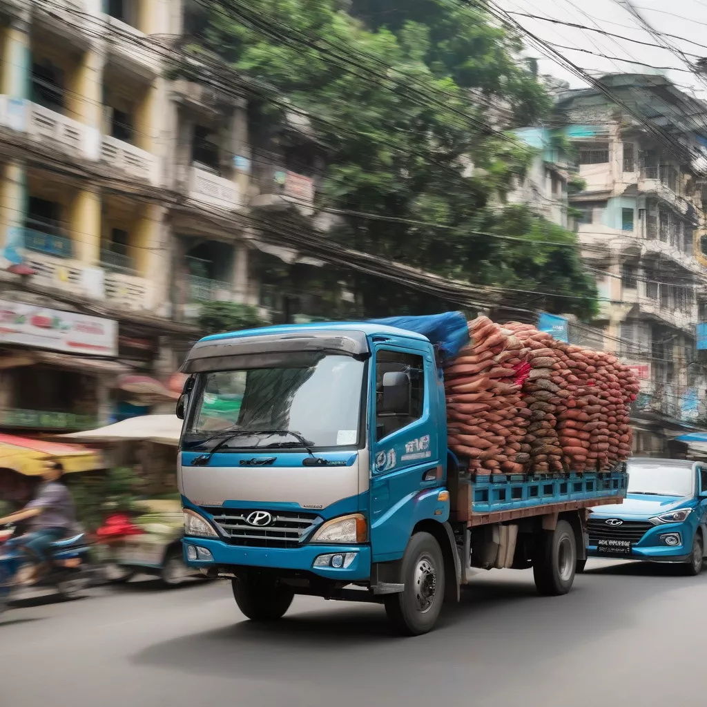 Xe tải Hyundai di chuyển trên đường phố Hà Nội