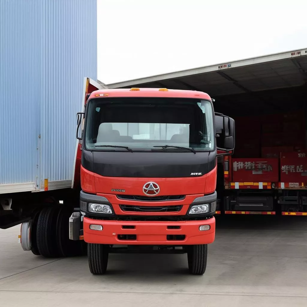 Truk Hino Sedang Membongkar Muatan di Gudang