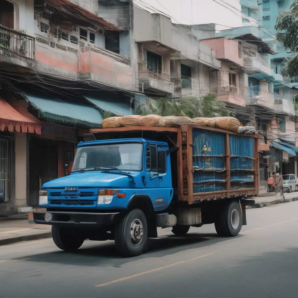 A blue Hoa Mai 1.6T dropside truck parked
