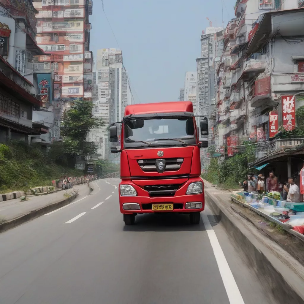 Red truck driving on the road