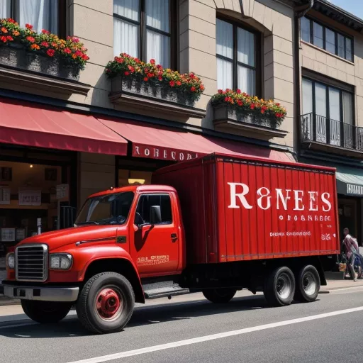 लाल रंग का होवो 5 एक्सल ट्रक एक दुकान के सामने खड़ा है