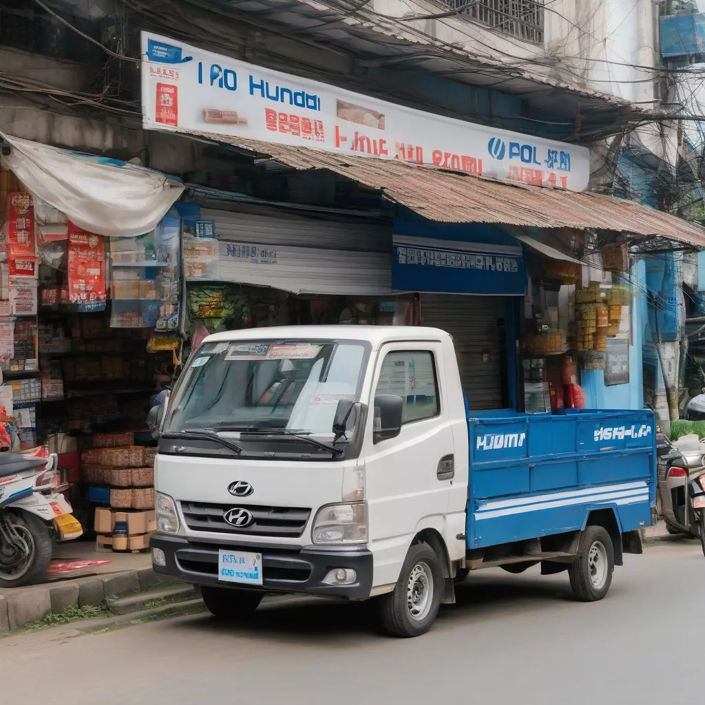 Hyundai 1-ton truck parked in front of a shop in Hanoi