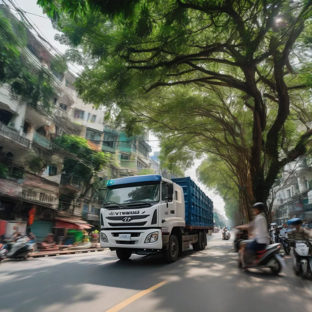A Hyundai truck driving on the streets of Hanoi