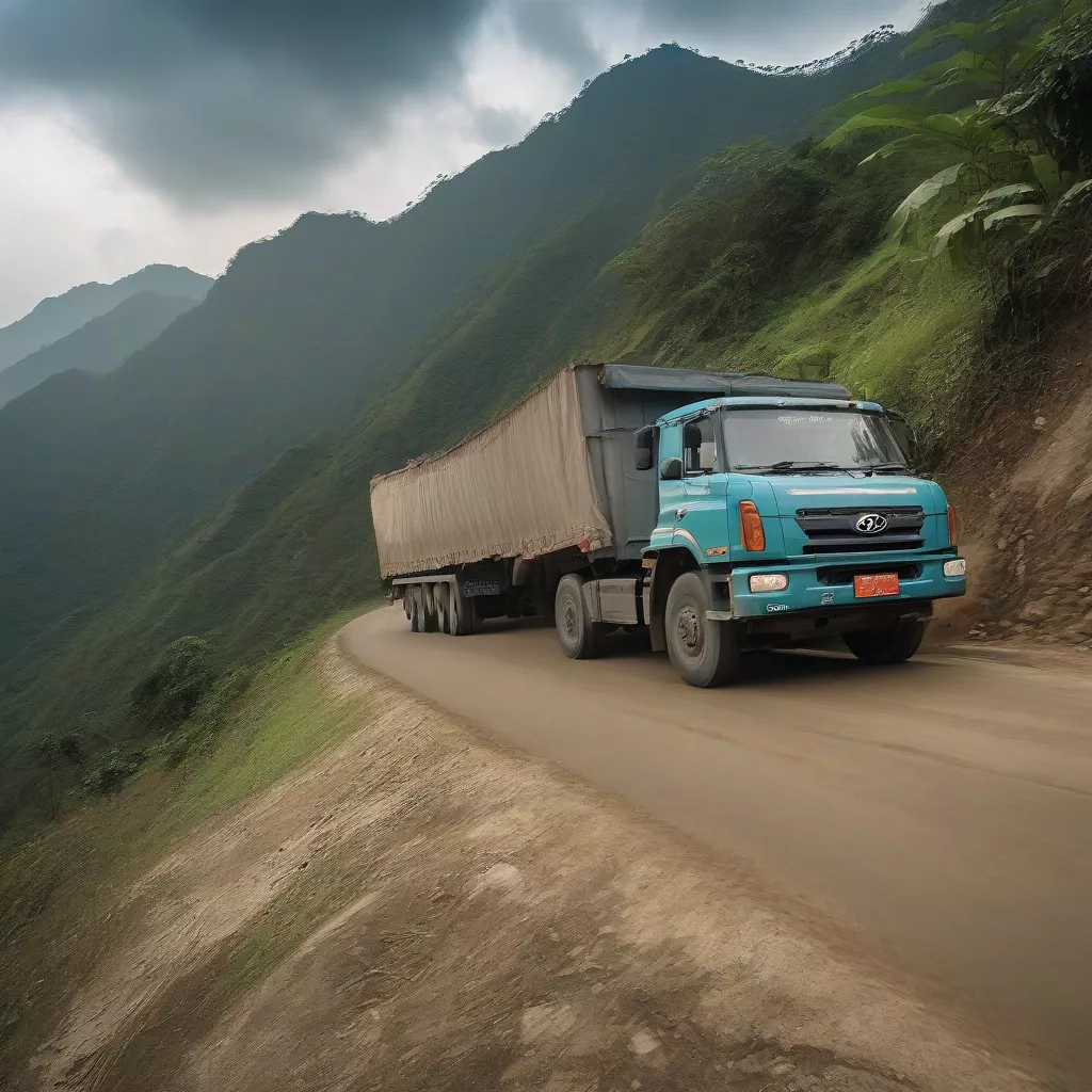 Hyundai Quốc Việt truck descending a mountain road