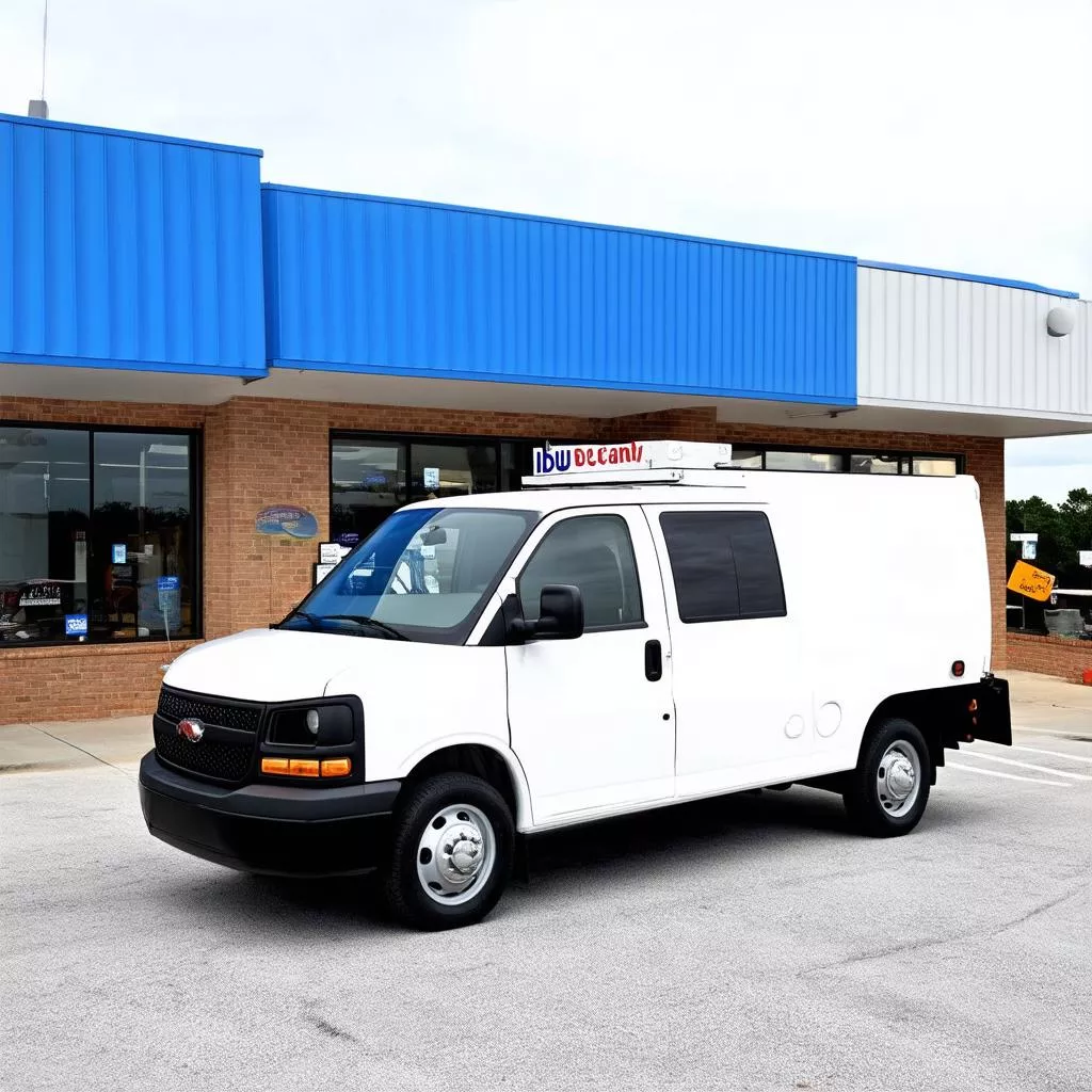 흰색 iDU 트럭이 매장 앞에 주차된 모습