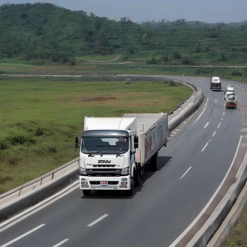 An Isuzu truck transporting goods on a highway