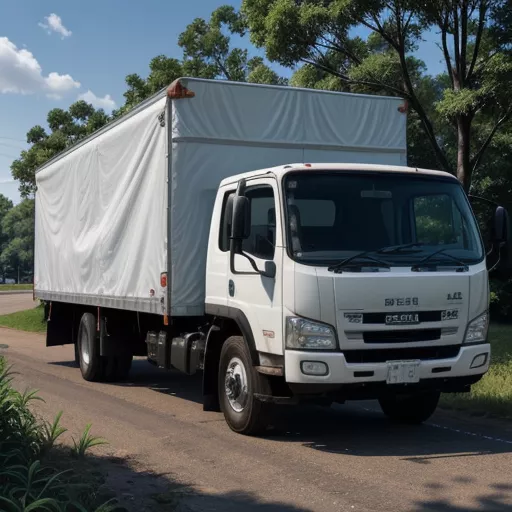 Xe tải Isuzu FVM34WE4 14 tấn thùng bạt màu trắng đang đỗ trên bãi đất trống, xung quanh là cây cối