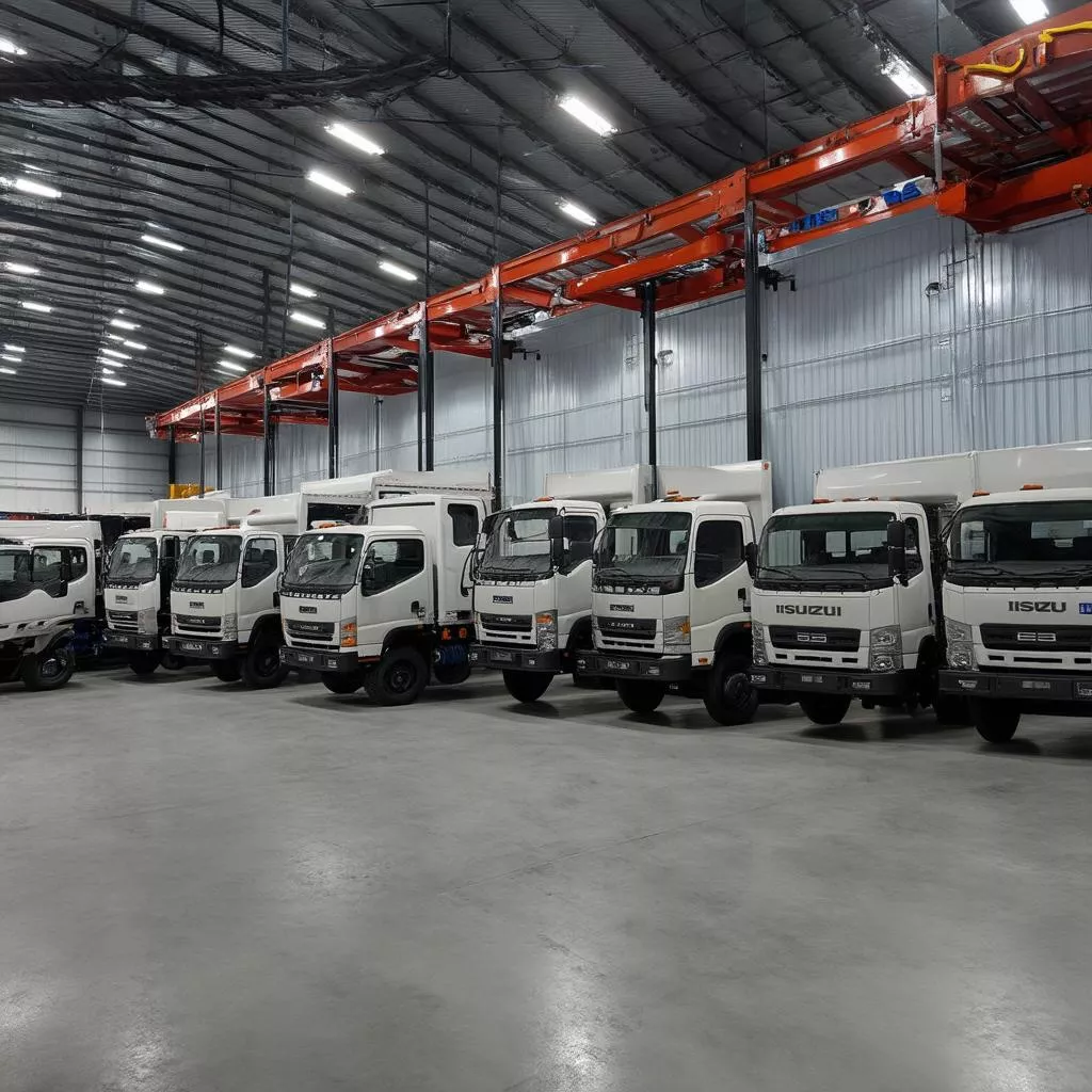 Isuzu trucks in a storage yard