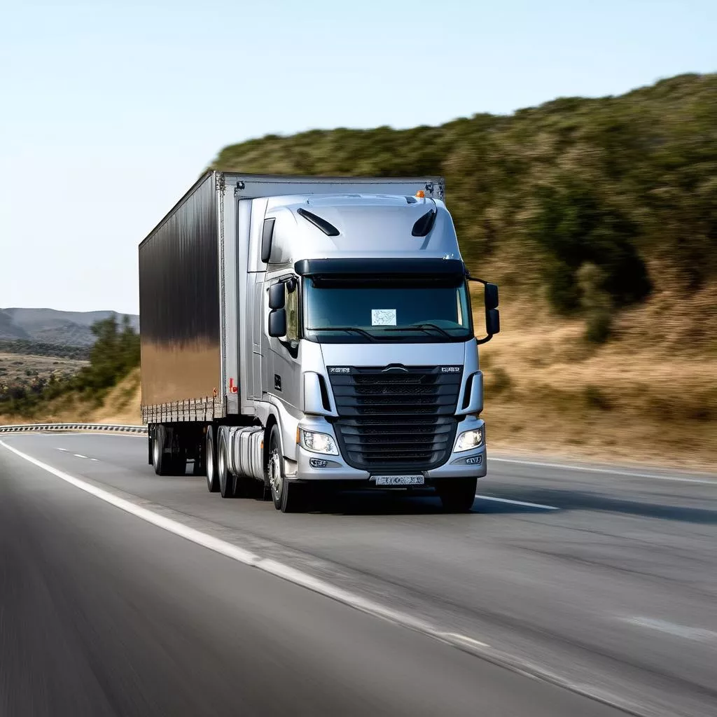 Xe tải màu bạc chạy trên đường