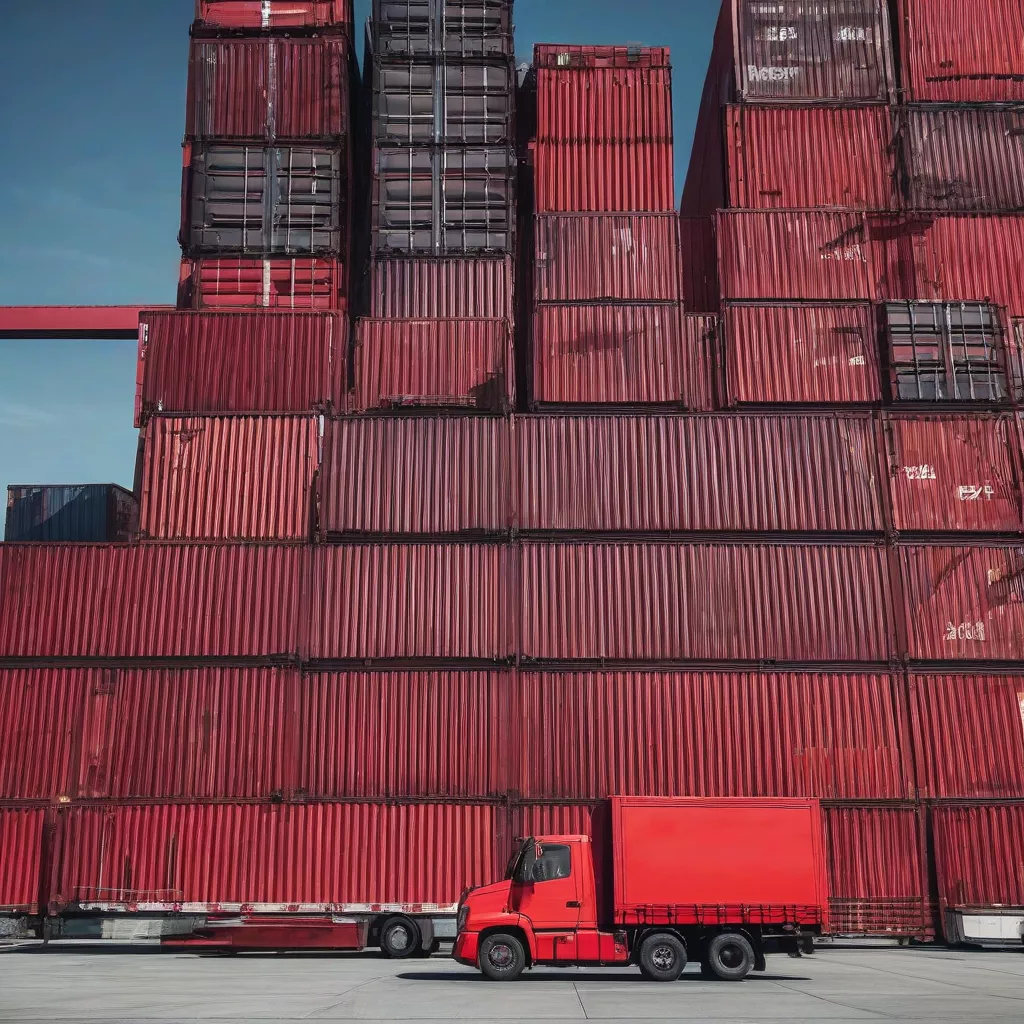 Xe tải màu đỏ chở hàng tại cảng