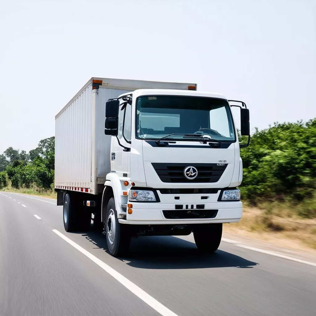 Xe tải màu trắng chạy trên đường