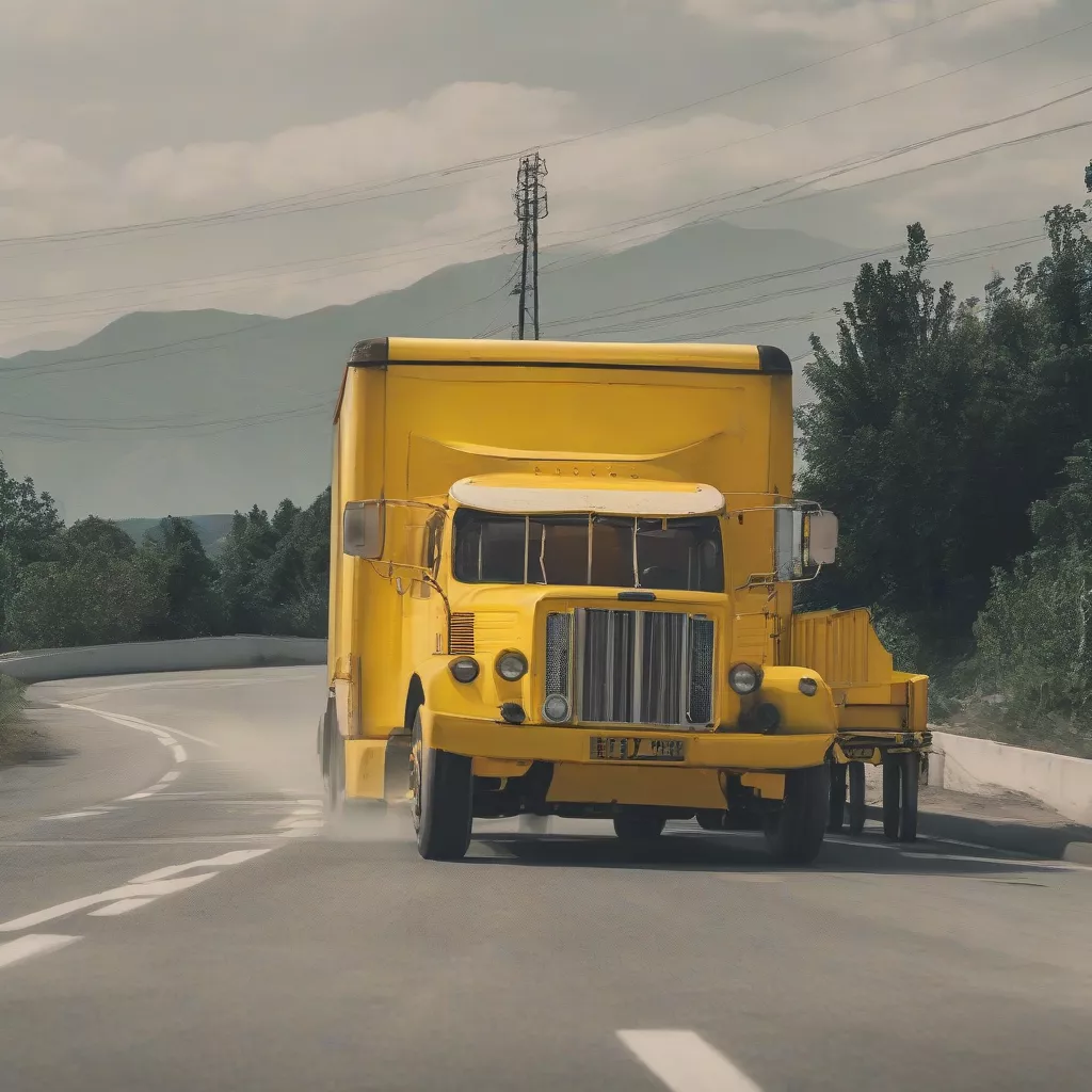 Hình ảnh chiếc xe tải màu vàng chạy trên đường