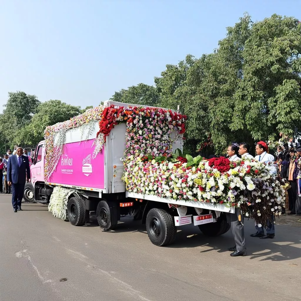 Xe tải mới được trang trí bằng hoa