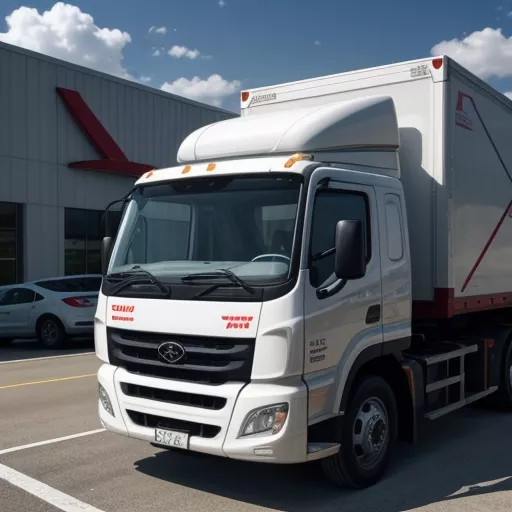 Red and white SYM V5 675kg truck at a dealership