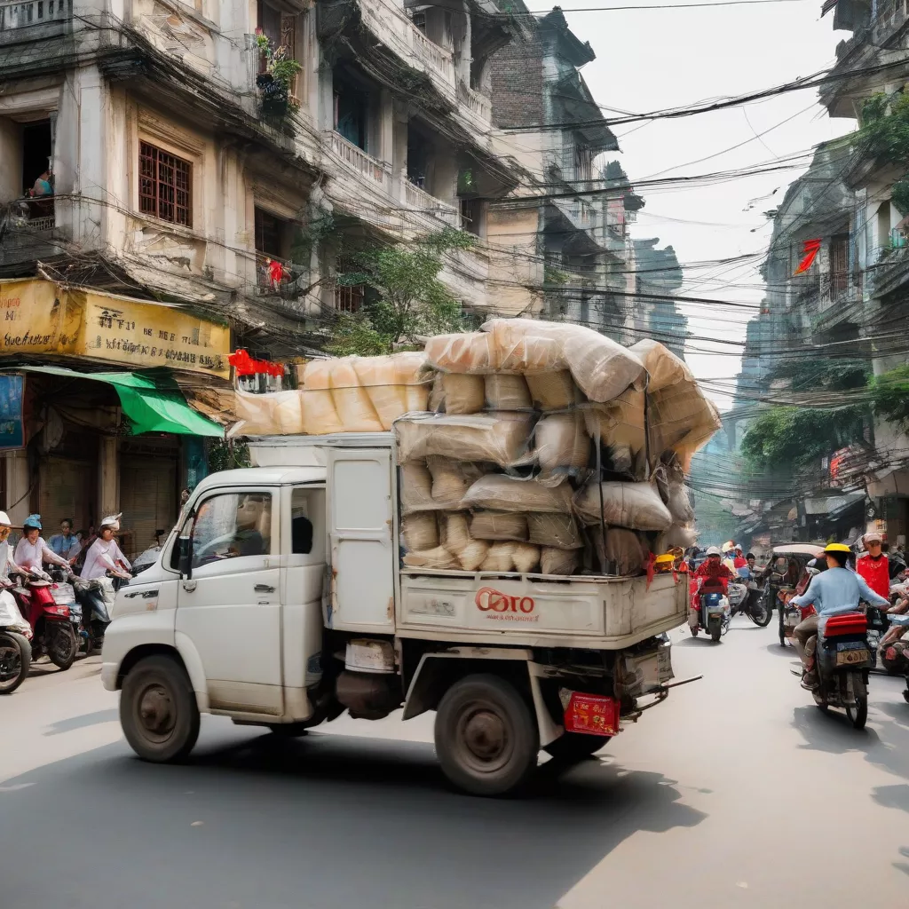 Used Thaco 750kg truck driving through Hanoi's Old Quarter