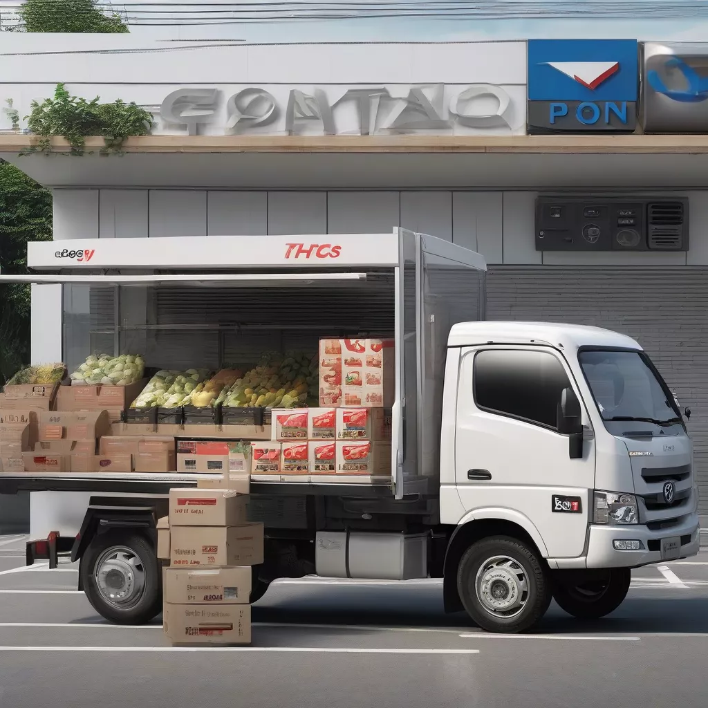 Thaco Foton 990kg truck parked in front of a grocery store