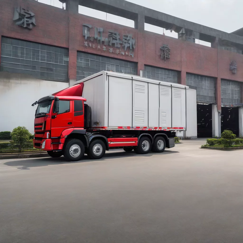 Red Thaco truck parked in front of a factory