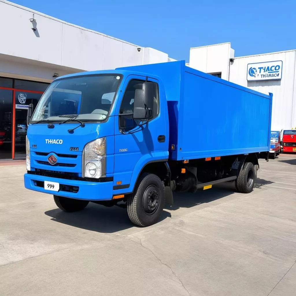 Xe tải Thaco Towner 990 màu xanh lam dừng trước cửa hàng