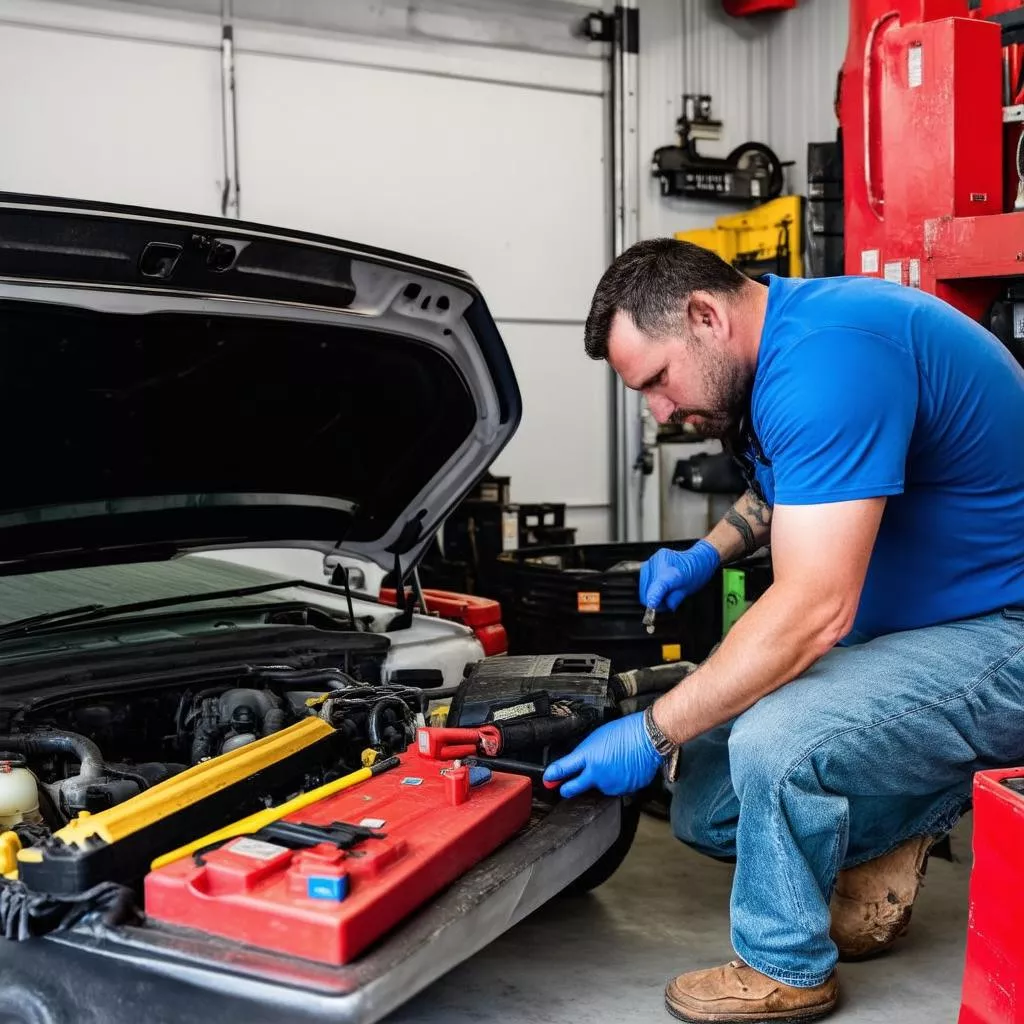 Truck getting a battery replacement at a garage