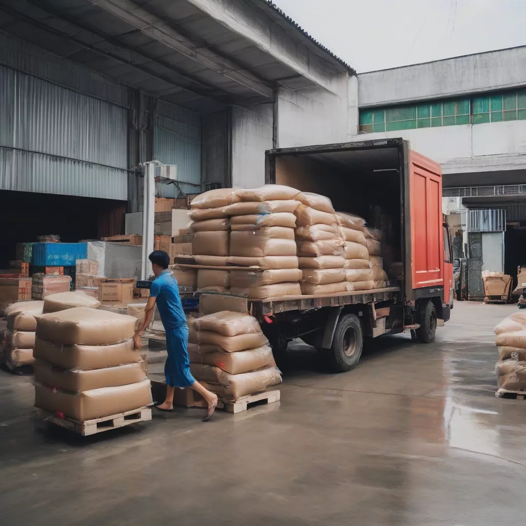 倉庫で荷降ろし中のTHACOトラック