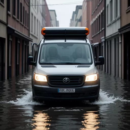 Van truck navigating flooded streets