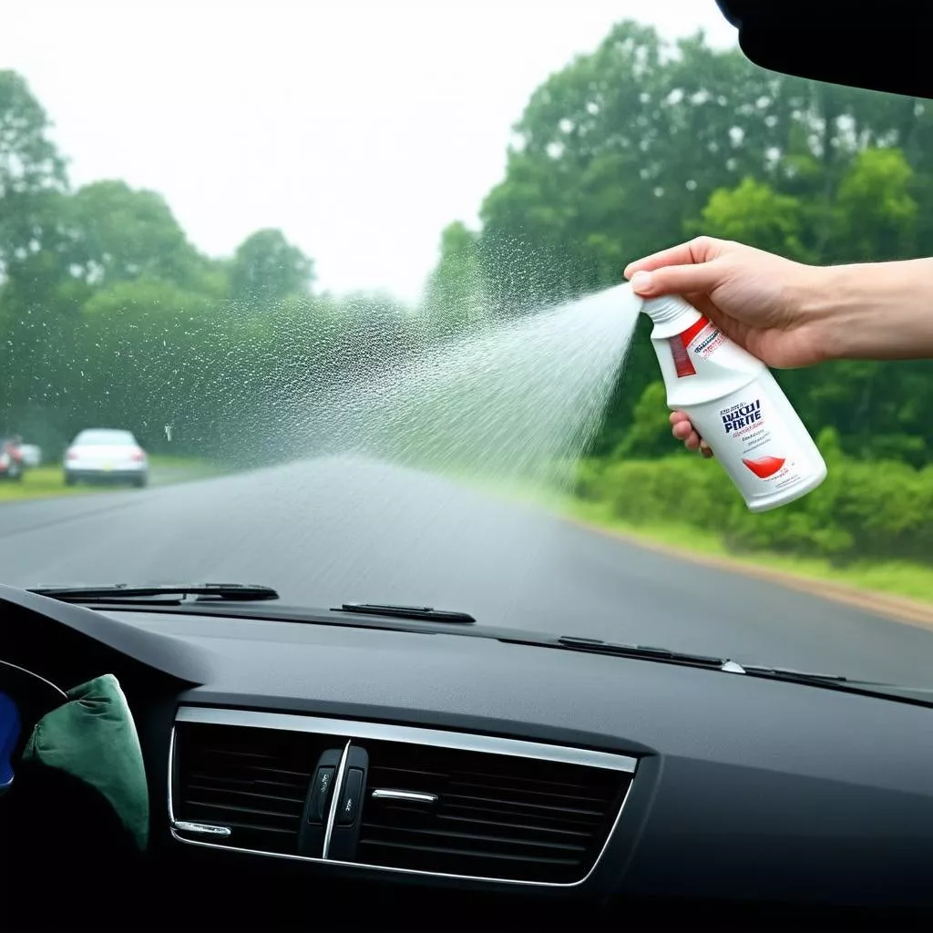 Spraying defogging solution onto a car window