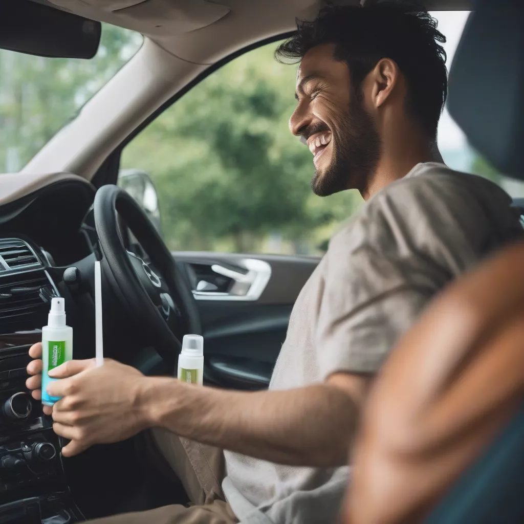 Man spraying air freshener in car