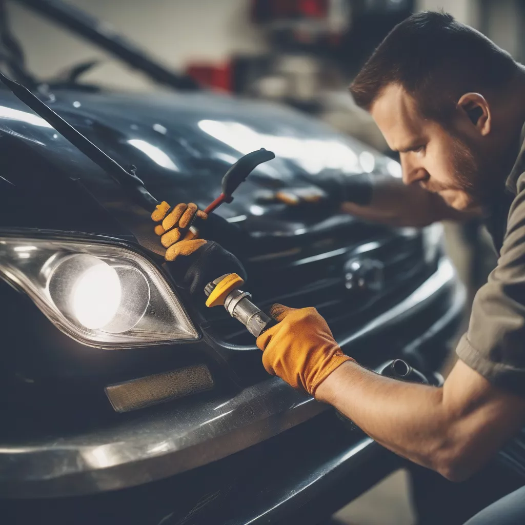 Technician repairing a car headlight