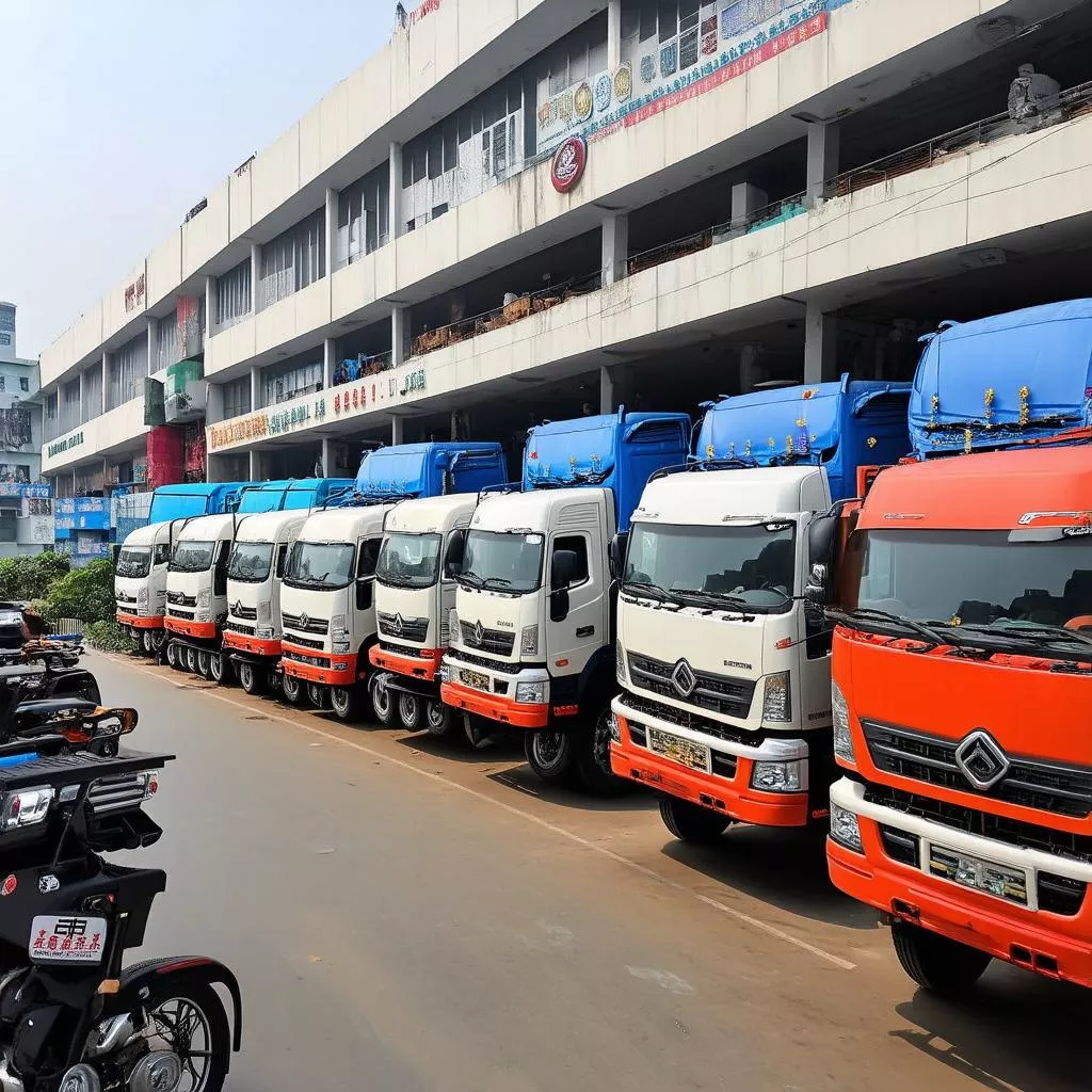 The storefront of Xe Tai Ha Noi dealership with various trucks on display.
