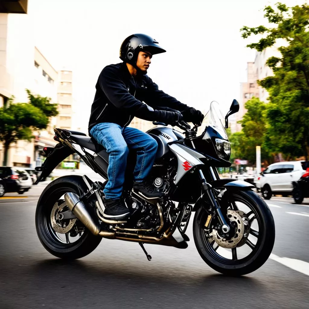 A young man riding a Suzuki Raider on the street