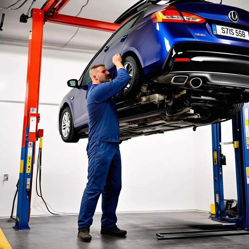 Anh kỹ thuật đang kiểm tra giàn nâng xe ô tô