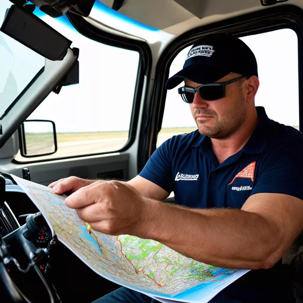 Bác tài đang kiểm tra bản đồ trên xe tải