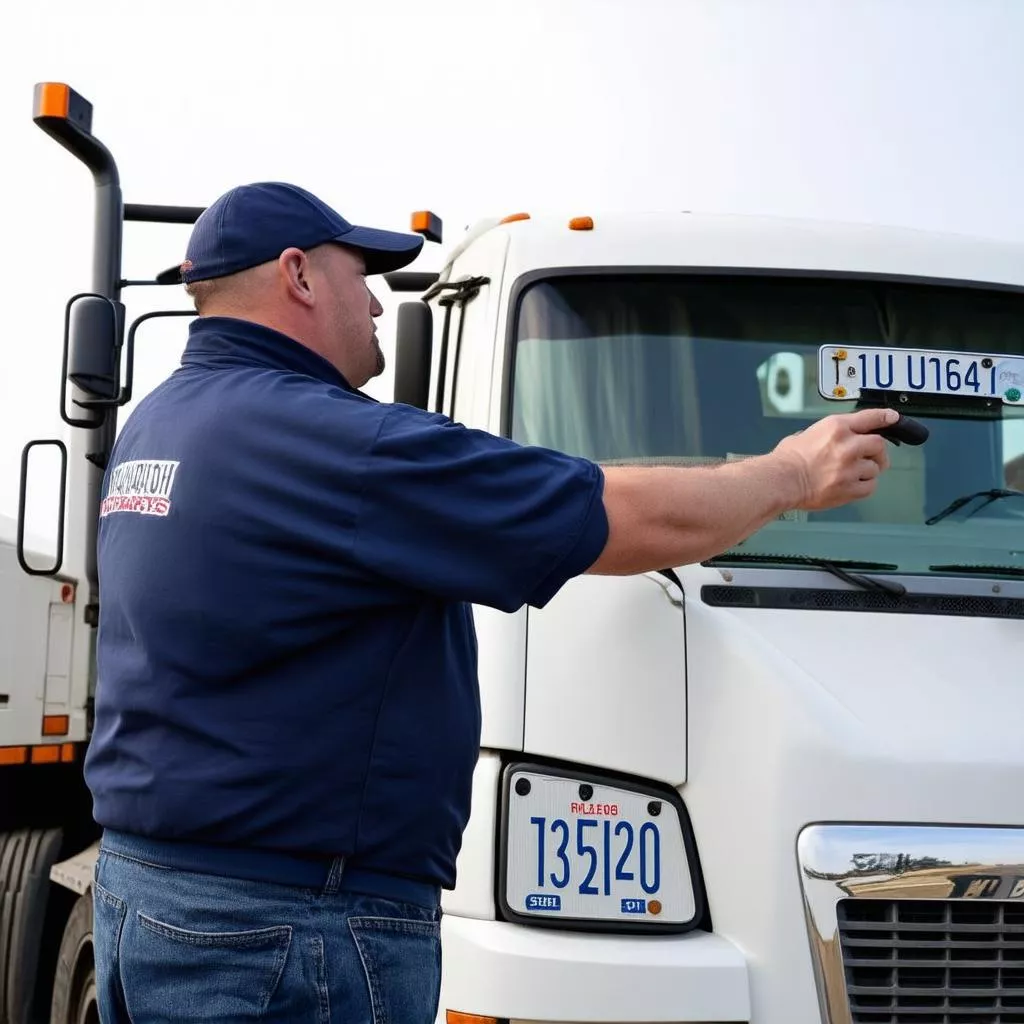 Bác tài đang kiểm tra biển số xe tải