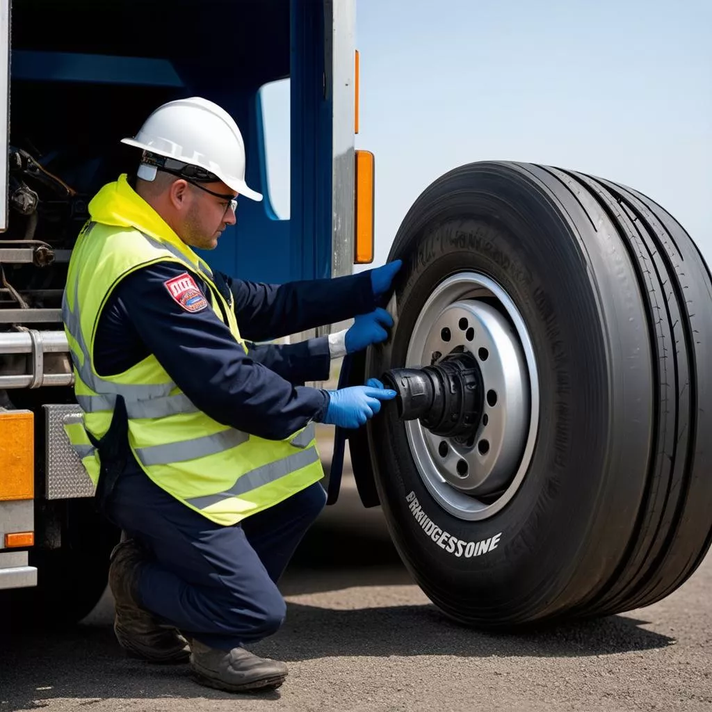 Bác tài kiểm tra lốp xe Bridgestone