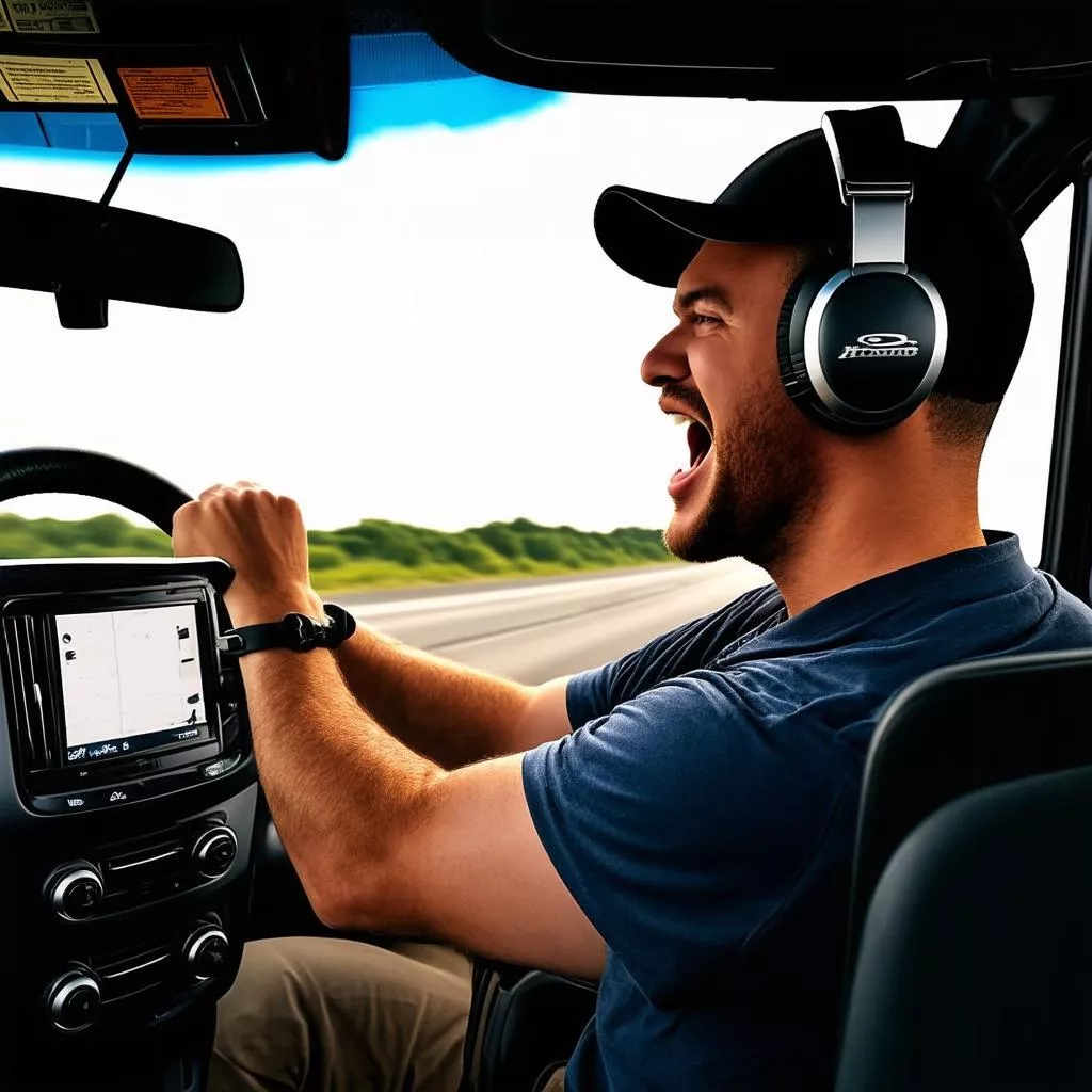 Truck driver listening to music