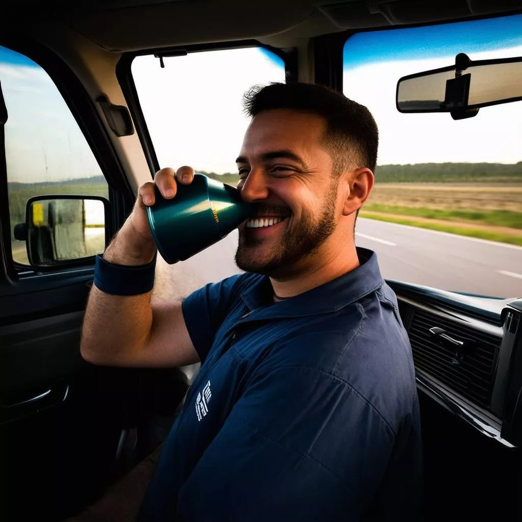 Truck driver using a car heated travel mug