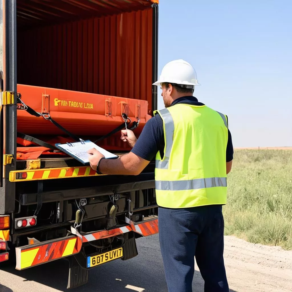 Truck driver inspecting cargo on a 7-ton crane truck