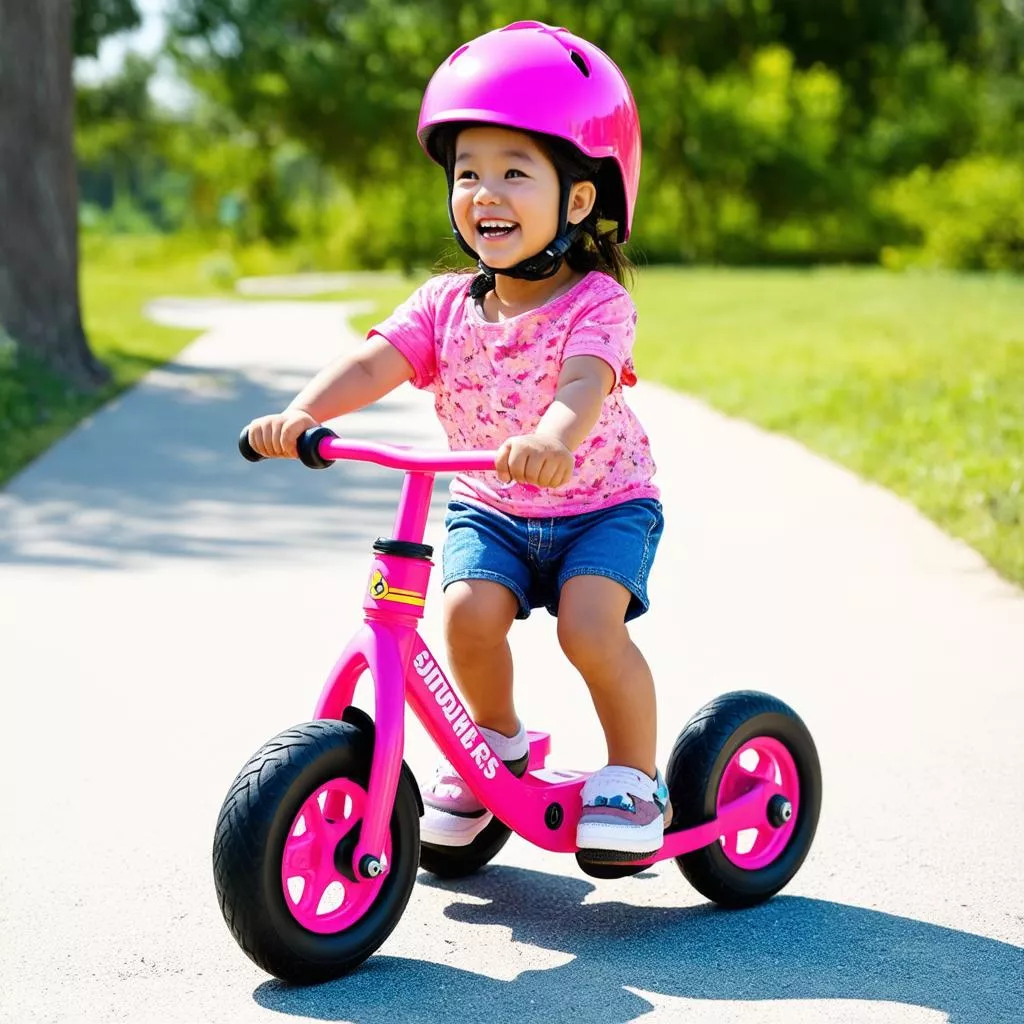 Little girl playing with her pink Speedy balance bike