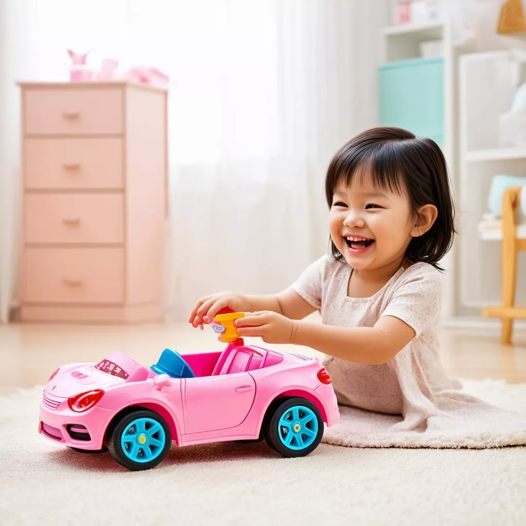 Bé gái đang chơi với ô tô đồ chơi